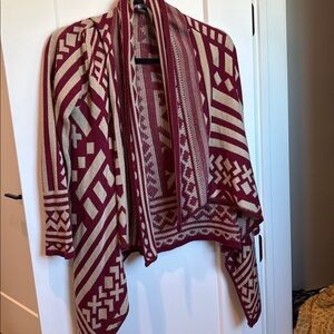 Maroon and tan Aztec print open sweater - small